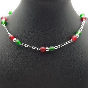 Christmas Red Green Glass Beaded Chain Collar Princess Necklace Handmade Jewelry